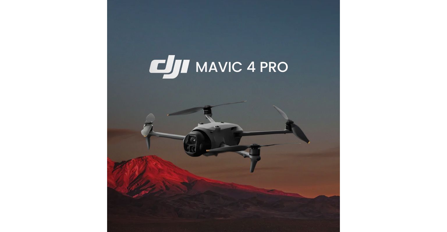DJI Mavic 4 Pro drone flying over red volcanic mountain at sunset with cinematic background.
