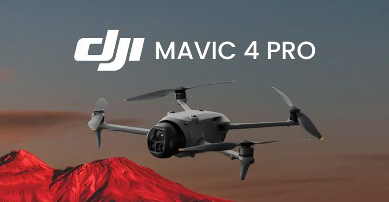 DJI Mavic 4 Pro drone flying over red volcanic mountain at sunset with cinematic background.