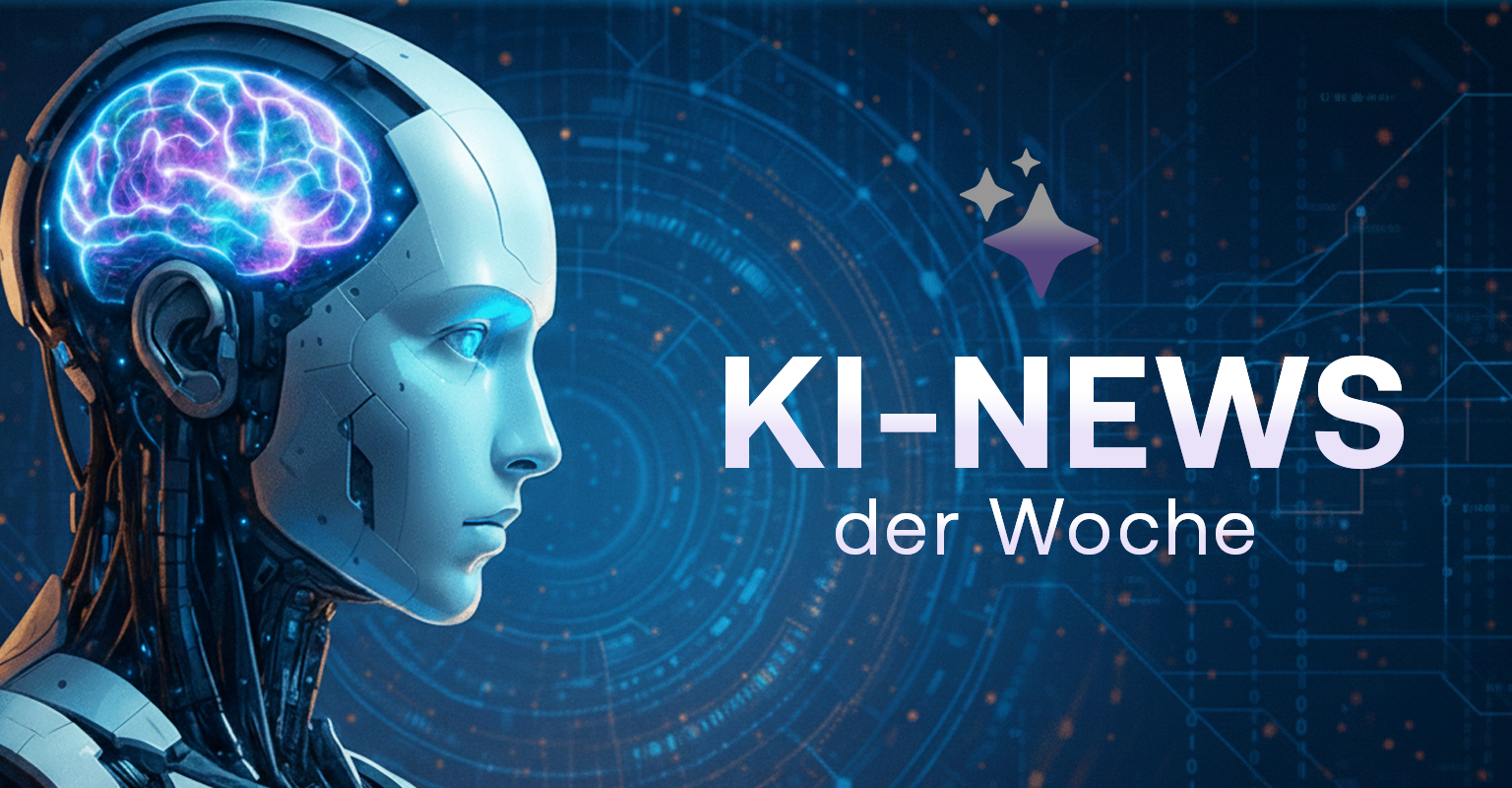 Futuristischer humanoider KI-Roboter mit leuchtenden Schaltmustern und kräftigen Farbkontrasten, daneben der Titel „KI-News der Woche“.