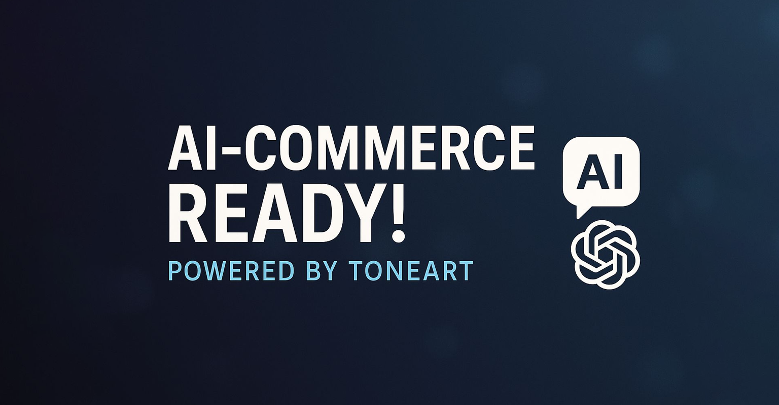 AI-Commerce Ready! Powered by TONEART – Visual mit KI-Icon und modernem blauen Hintergrund.
