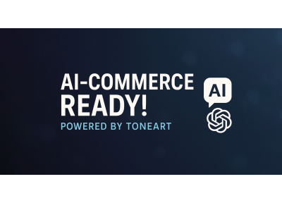 AI-Commerce Ready! Powered by TONEART – Visual mit KI-Icon und modernem blauen Hintergrund.