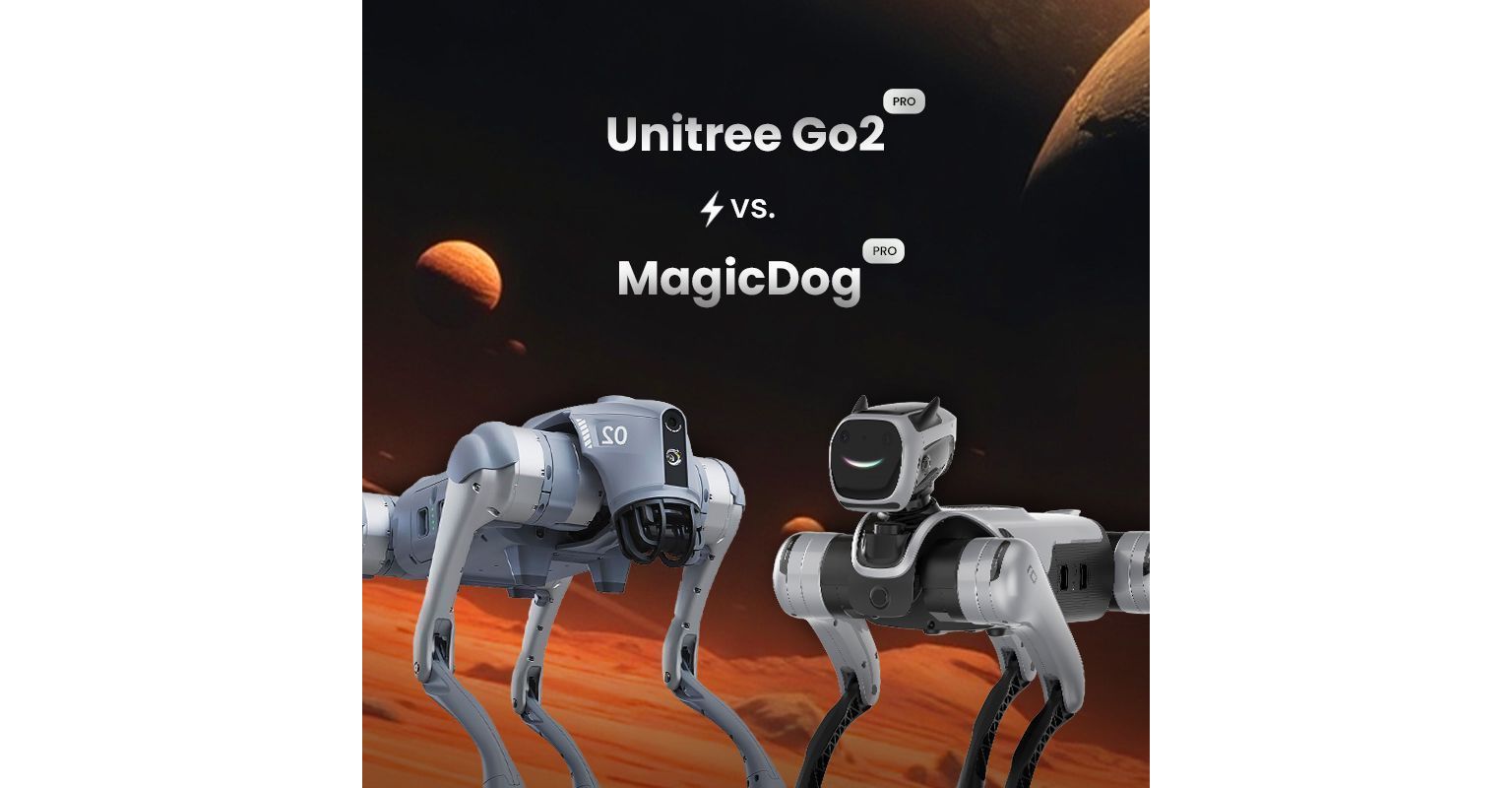 Unitree Go2 und Magicdog Pro im direkten Vergleich vor futuristischer Marslandschaft, quadratisches Layout