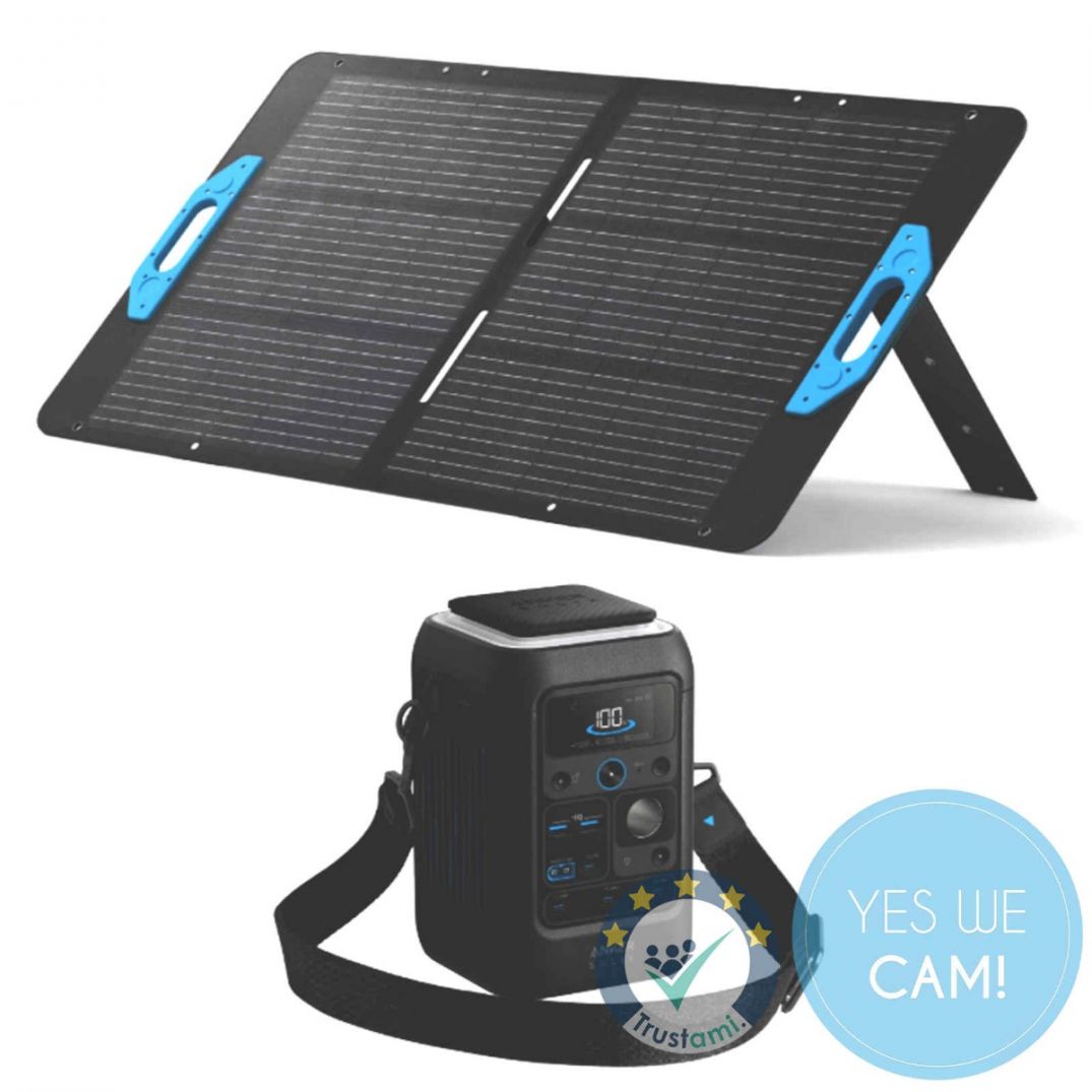 Komplettset aus Anker Solix DC300X Powerstation und Anker PS100 Solarpanel für mobile Stromversorgung.