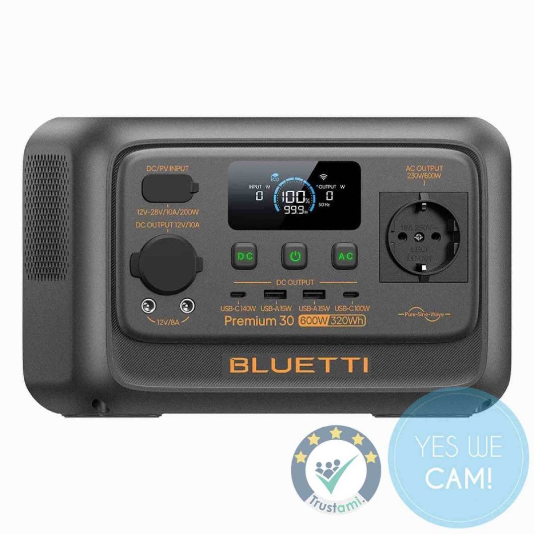 BLUETTI Premium 30 V2 Powerstation mit 320 Wh Kapazität und 600 W AC-Ausgang, Frontansicht mit Display, Anschlüssen und Toneart-Logo