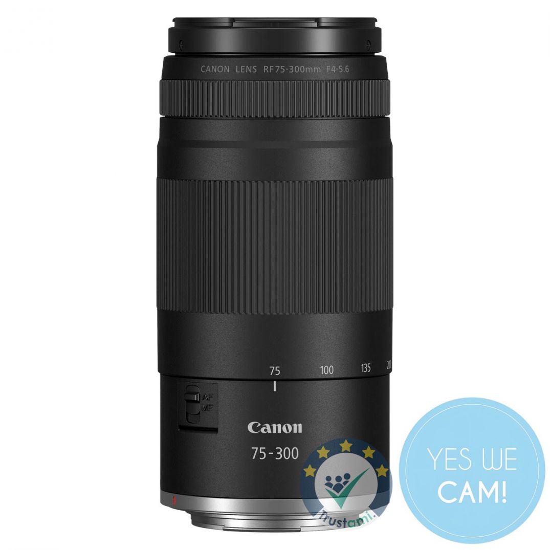 Canon RF 75-300mm F4-5.6 Telezoom-Objektiv in Frontansicht – leichtes 75–300 mm Zoom für Wildlife-, Sport- und Reisefotografie im EOS R System Logo.