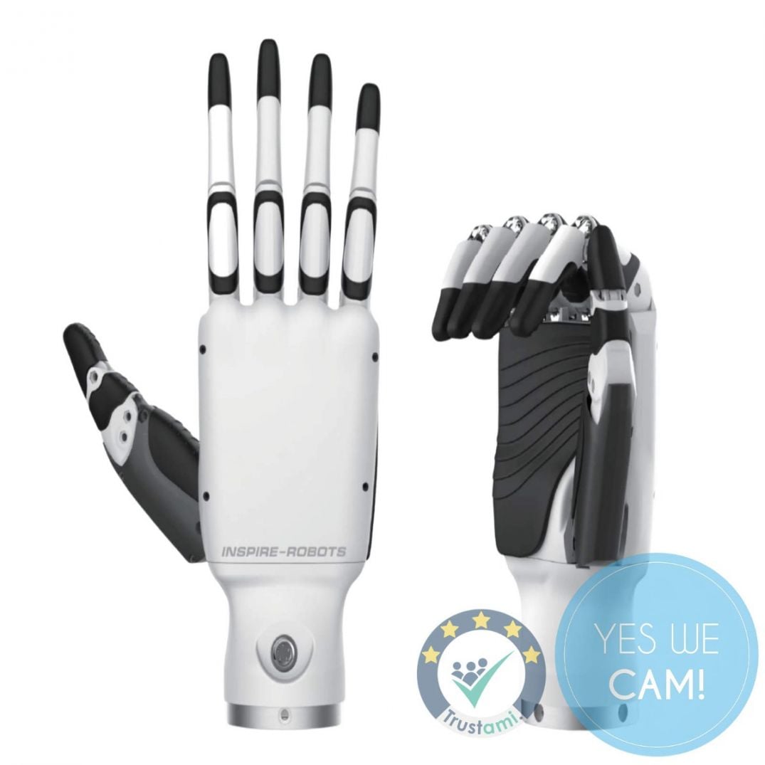 Inspire Robots RH56DFX Roboterhand greift auf einem Teststand ein kleines Bauteil mit mehreren Fingern.