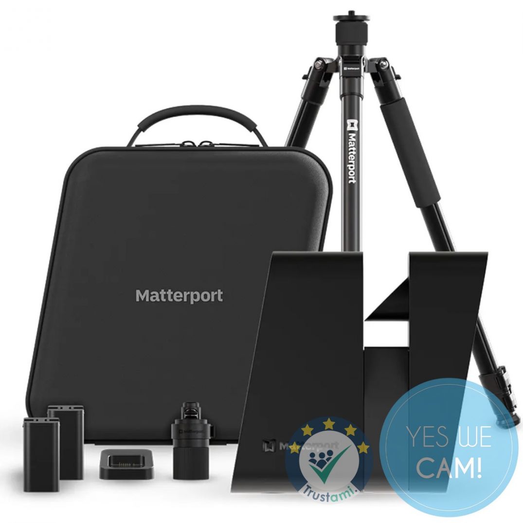 Matterport Pro3 Acceleration Kit mit Stativ und Rollwagen im Einsatz

