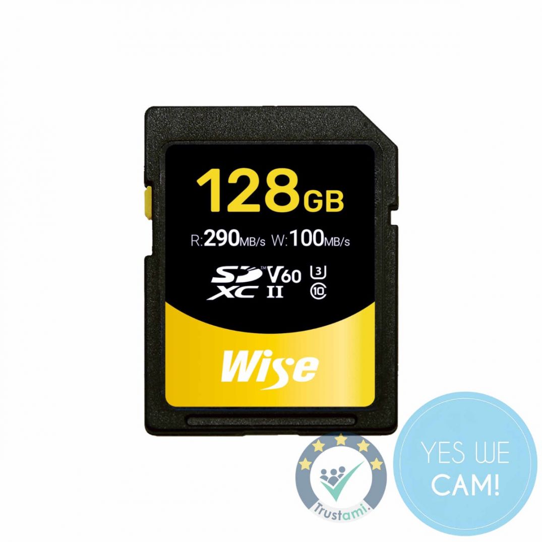 Wise 128 GB SDXC UHS‑II V60 Speicherkarte vorn, 290 MB/s, robust