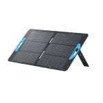 Anker PS100 100W Solarpanel in schräger Frontansicht mit blauen Tragegriffen und Aufsteller.