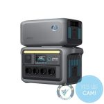 Anker SOLIX C1000X Power Station mit BP1000 Erweiterungsbatterie in gestapelter Studioansicht mit Frontdisplay und AC-Steckdosen