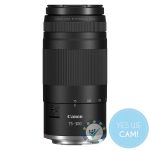 Canon RF 75-300mm F4-5.6 Telezoom-Objektiv in Frontansicht – leichtes 75–300 mm Zoom für Wildlife-, Sport- und Reisefotografie im EOS R System Logo.
