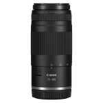 Schrägansicht des Canon RF 75-300mm F4-5.6 Teleobjektivs mit Zoomring und AF/MF-Schalter – kompaktes Telezoom für EOS R Kameras.