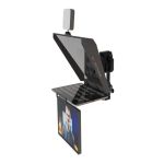 FORTINGE NOA III Tablet-Teleprompter in schräger Vorderansicht mit montierter LED-Leuchte oben und zusätzlichem Kontrollmonitor unter der Tablet-Plattform.