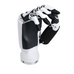 Seitenansicht der Unitree Inspire RH56DFQ-2L Roboterhand links mit beweglichen Fingergliedern und integriertem Handgelenk für humanoide Robotik.