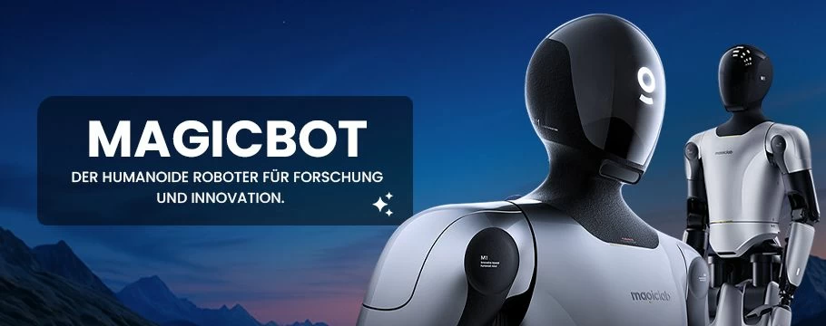 MagicBot Gen1 – Humanoider Roboter vor futuristischer Berglandschaft bei Sonnenuntergang, ideal für Forschung und Innovation